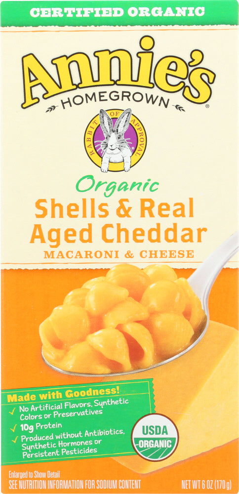 ANNIE'S HOMEGROWN: Organic Shells & Real Aged Cheddar Macaroni & Cheese, 6 Oz