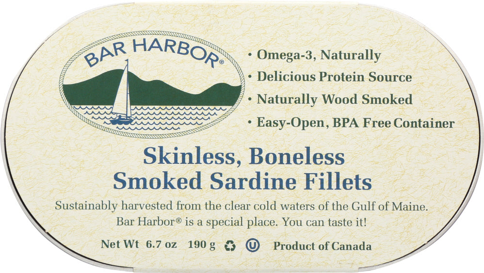BAR HARBOR: Boneless Skinless Smoked Sardine Fillets, 6 oz