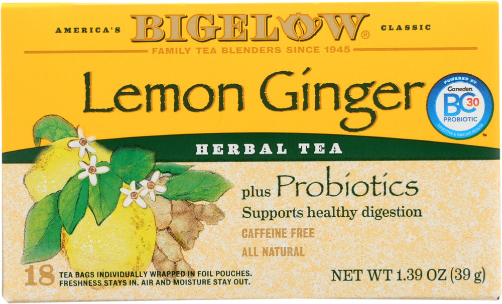 BIGELOW: Lemon Ginger Herbal Tea Probiotics 18 Bags, 1.39 oz