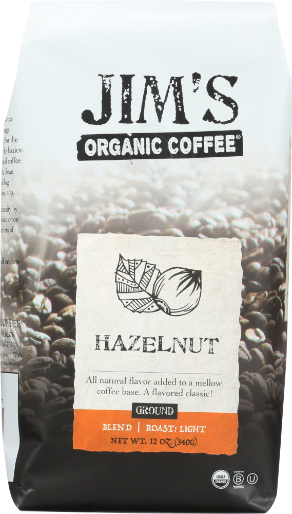 JIM'S ORGANIC COFFEE: Hazelnut Ground, 12 oz