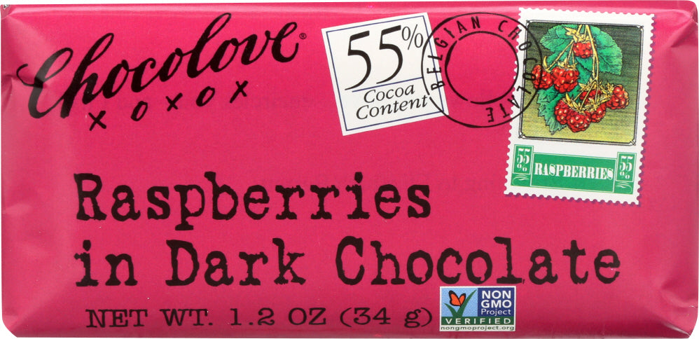 CHOCOLOVE: Mini Dark Chocolate Bar Raspberries, 1.2 oz