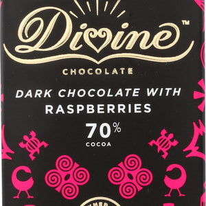 DIVINE CHOCOLATE: 70% Dark Chocolate Bar with Raspberries, 3 oz