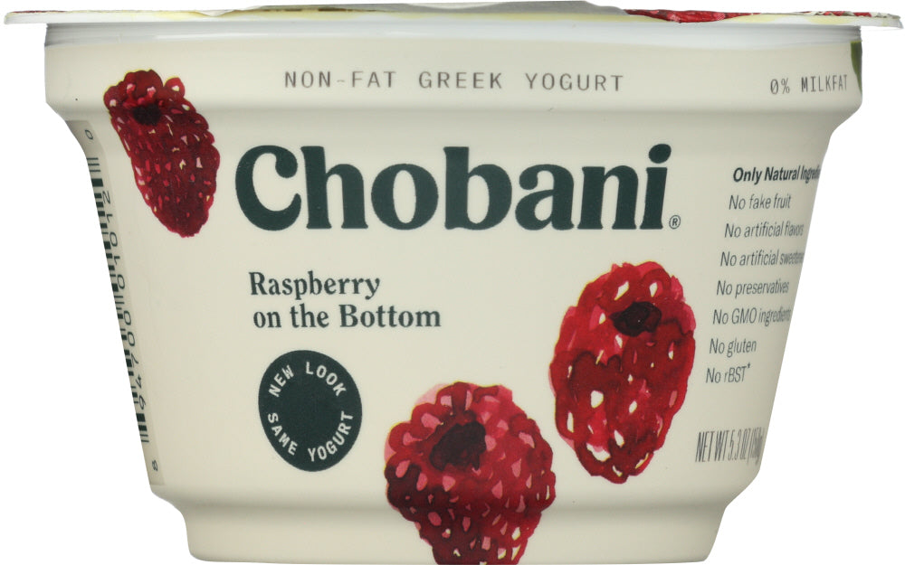 CHOBANI: Non-Fat Greek Yogurt Raspberry on the Bottom, 5.3 oz